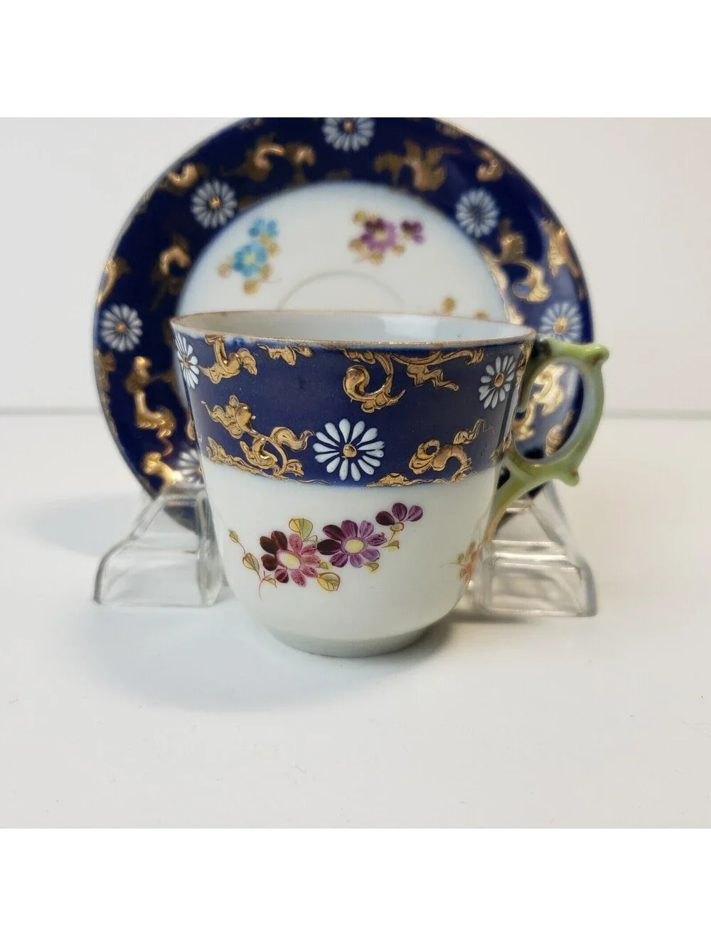 Vintage Porcelain Demitasse Teacup & Saucer  Moriage Cobalt Blue HP Floral Japan
